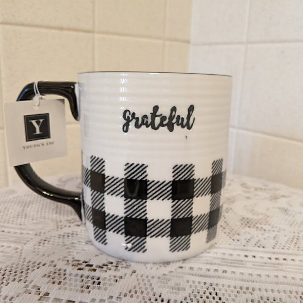 NEW! Large Ceramic Buffalo Plaid Coffee Cocoa Mug Farmhouse GRATEFUL Country
